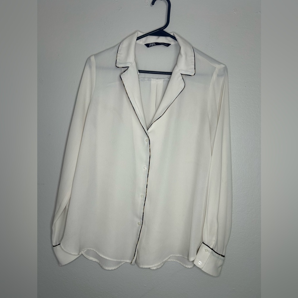 ZARA silky Ivory blouse w/ animal-print piping trim size S - Picture 3 of 14